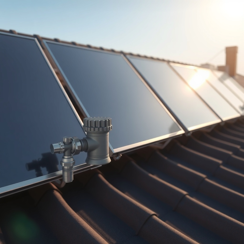 <photorealistic view of Heliocol panels on a sloped roof showing drain-back plumbing with
