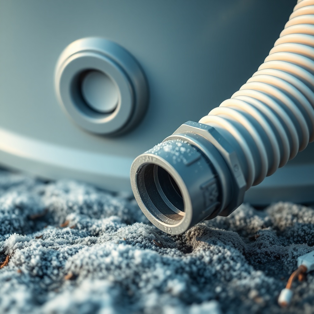 <photorealistic close-up of a pool pump drain plug and a compressor hose connected to the