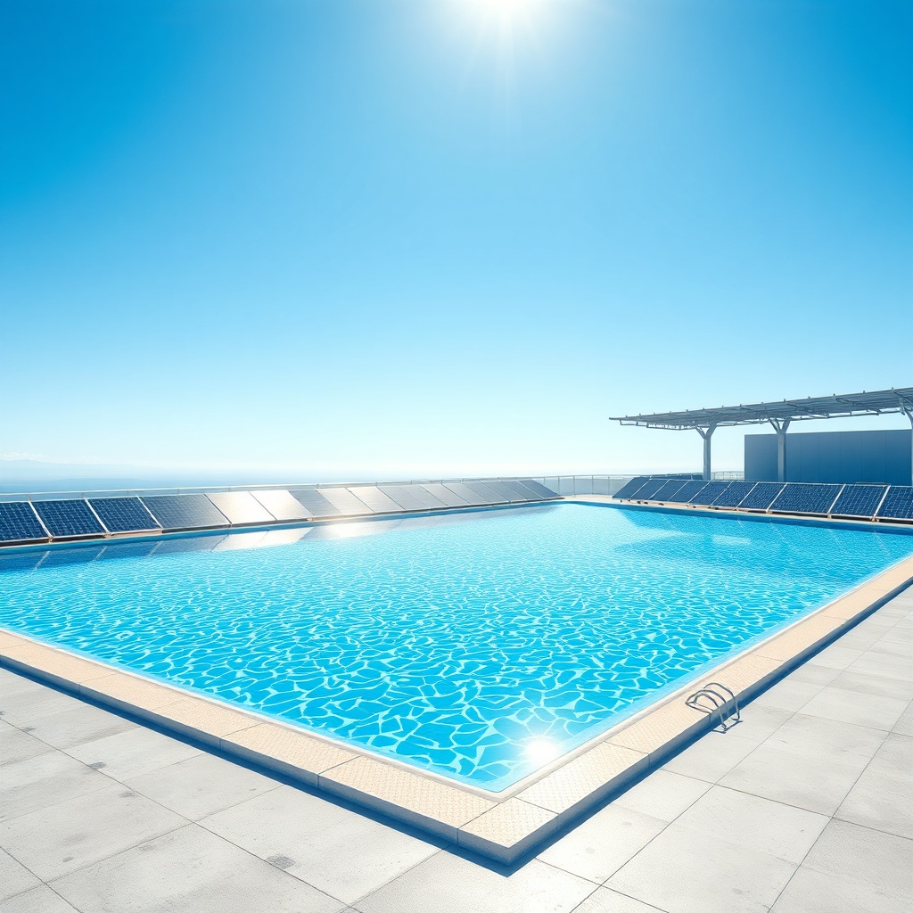 <clean photorealistic photo/illustration of a large commercial pool with a sprawling array