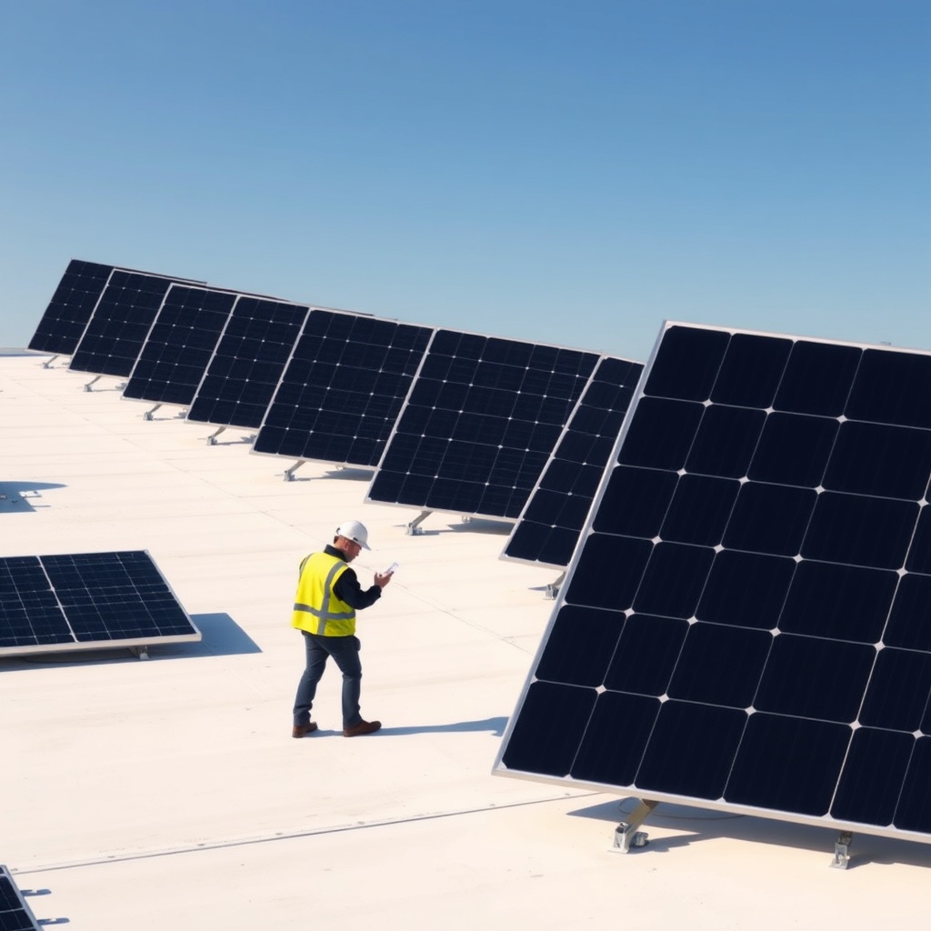 <clean photorealistic photo/illustration of a commercial roof with a large array of Generi