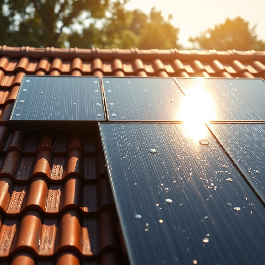 Heliocol solar collector panels glistening with water on a tile roof under bright sun