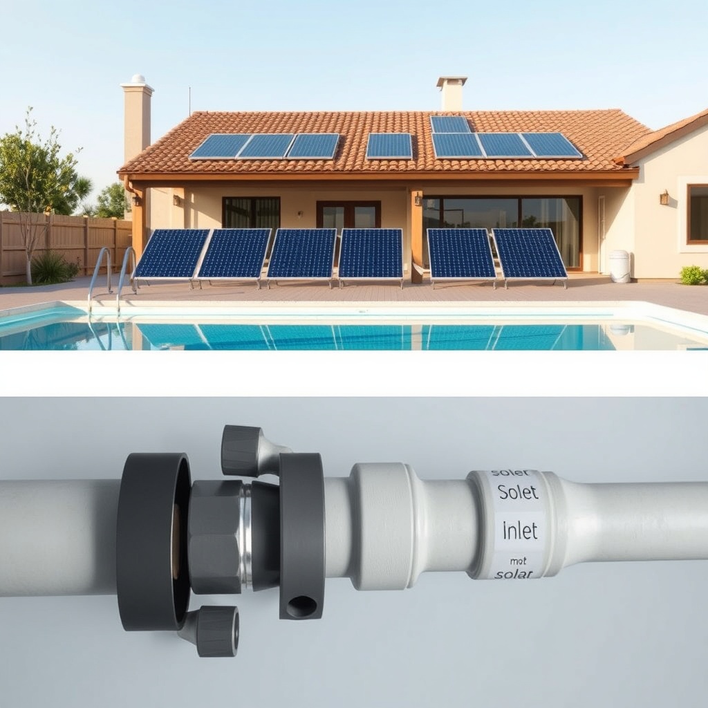 <A photorealistic photo showing a residential pool with solar collectors on a roof