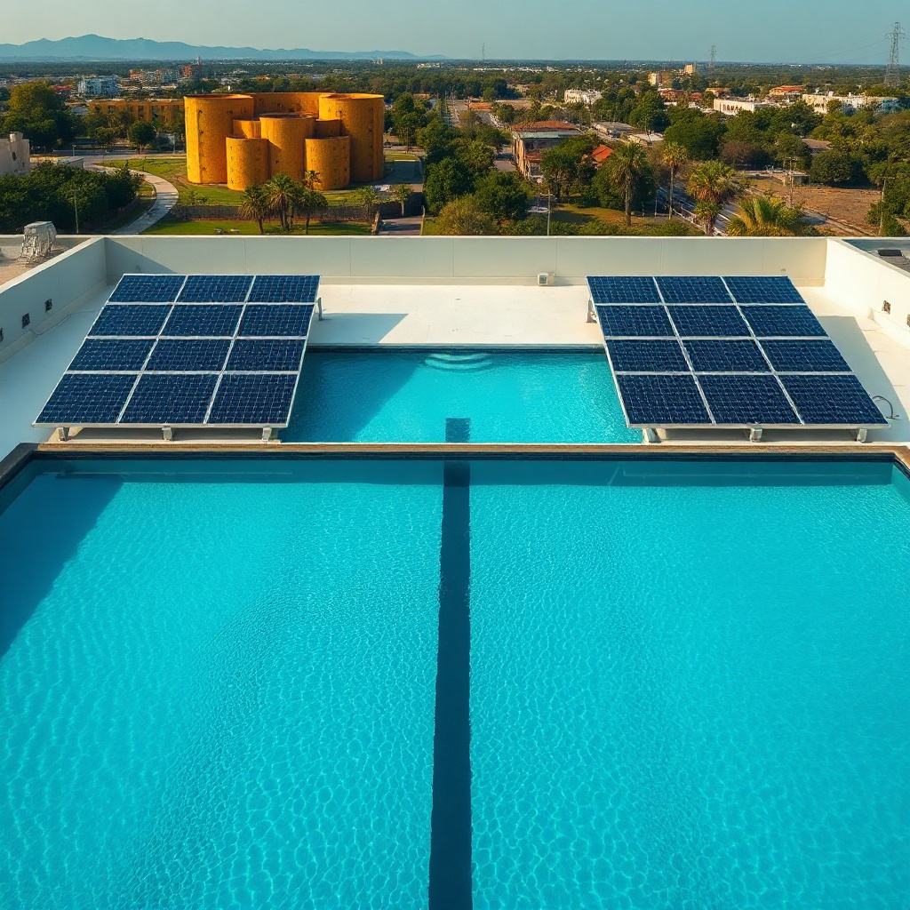 <clean photorealistic photo of a large commercial pool with multiple SunStar solar panels
