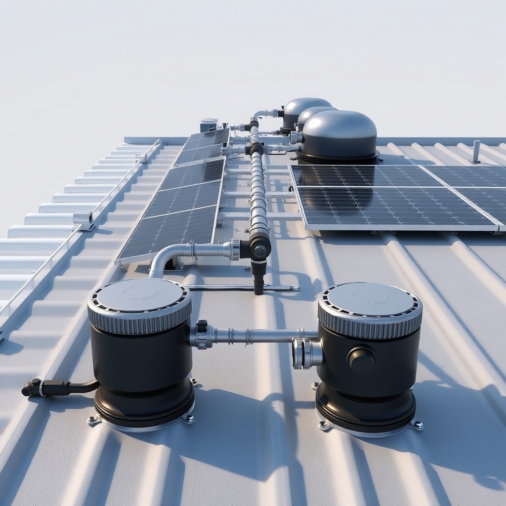 <clean photorealistic photo of a commercial roof showing SunStar panels with visible pipin