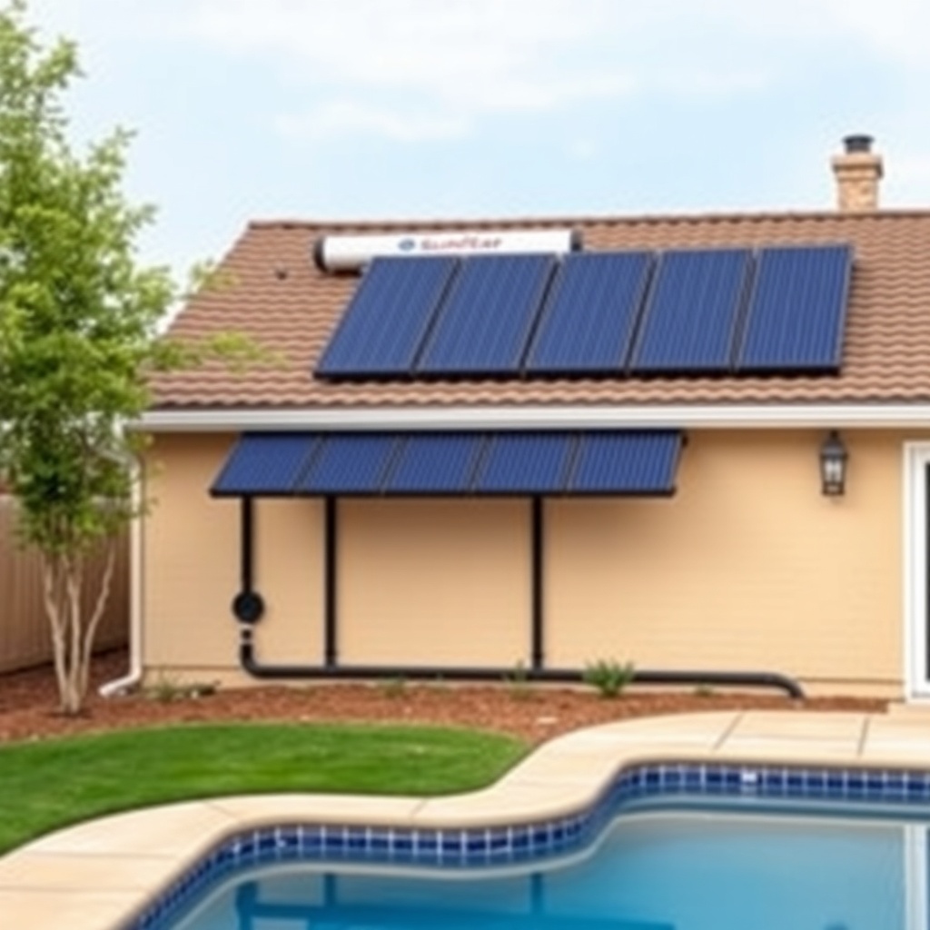 A clean photorealistic photo of a residential backyard with a SunStar solar pool heater in