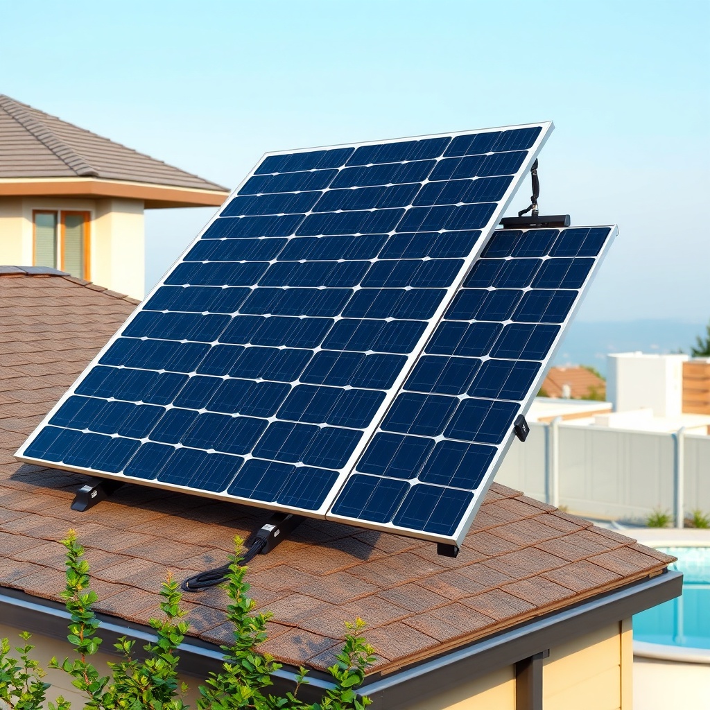 A photorealistic photo of a SunStar solar panel array mounted on a low-pitched residential