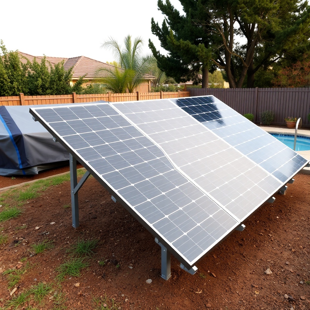 A wide-angle photorealistic photo of a ground-mounted SunStar solar panel array with adjus