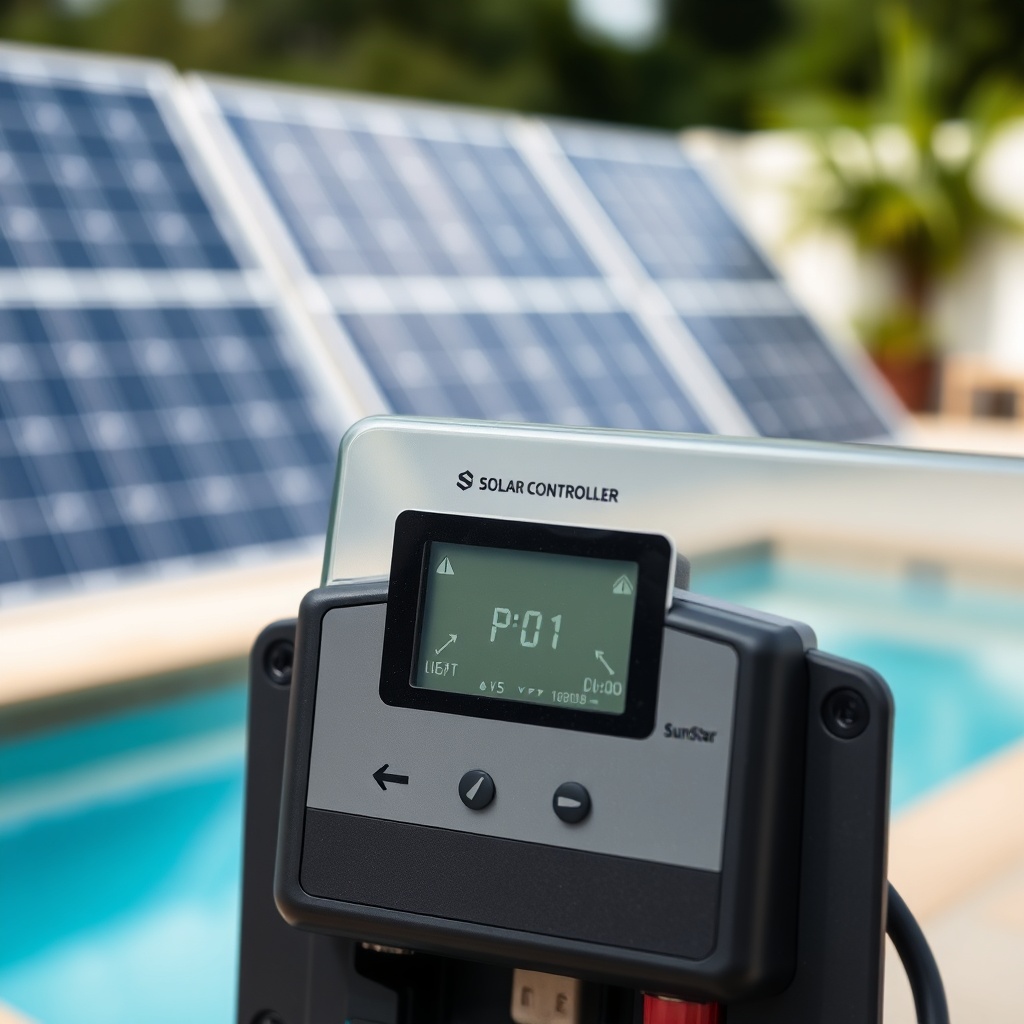 A close-up photorealistic photo of a SunStar solar controller display screen showing a fla