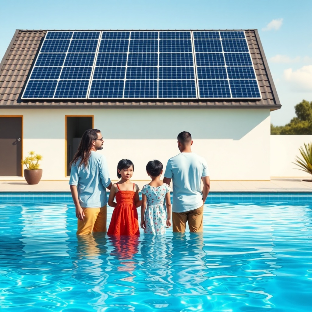 A photorealistic image of a family standing by a pool with a clear view of solar panels on