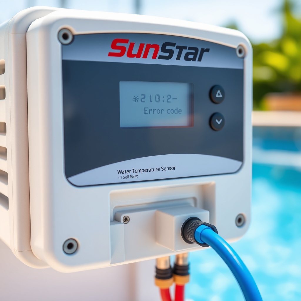 A close-up photorealistic shot of a SunStar solar controller digital display showing an er