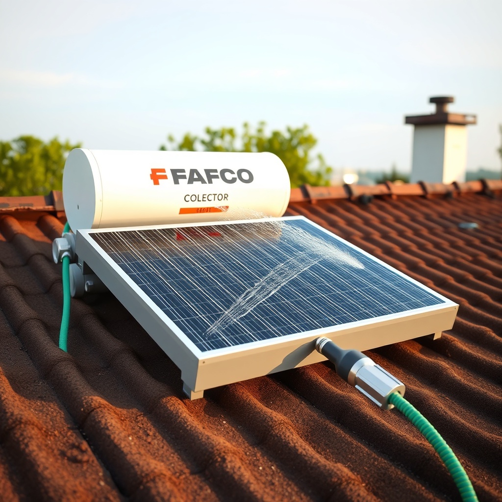 A clean photorealistic photo showing a Fafco Solar Bear collector panel on a rooftop with