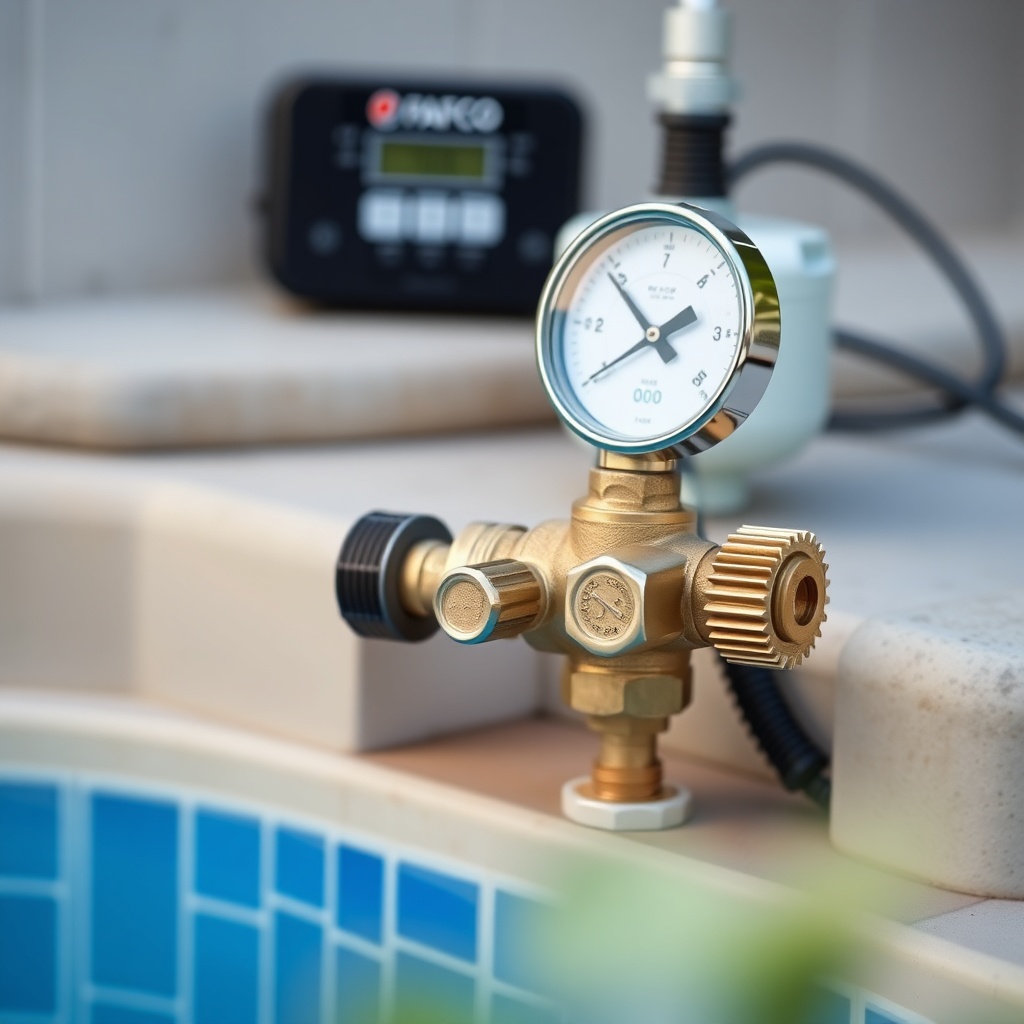A clean photorealistic photo showing a pool equipment pad with a clearly visible three-way