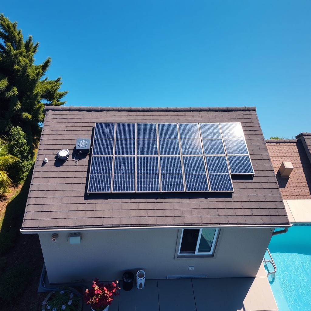 A photorealistic aerial view of a suburban backyard with a Generic solar pool heater insta