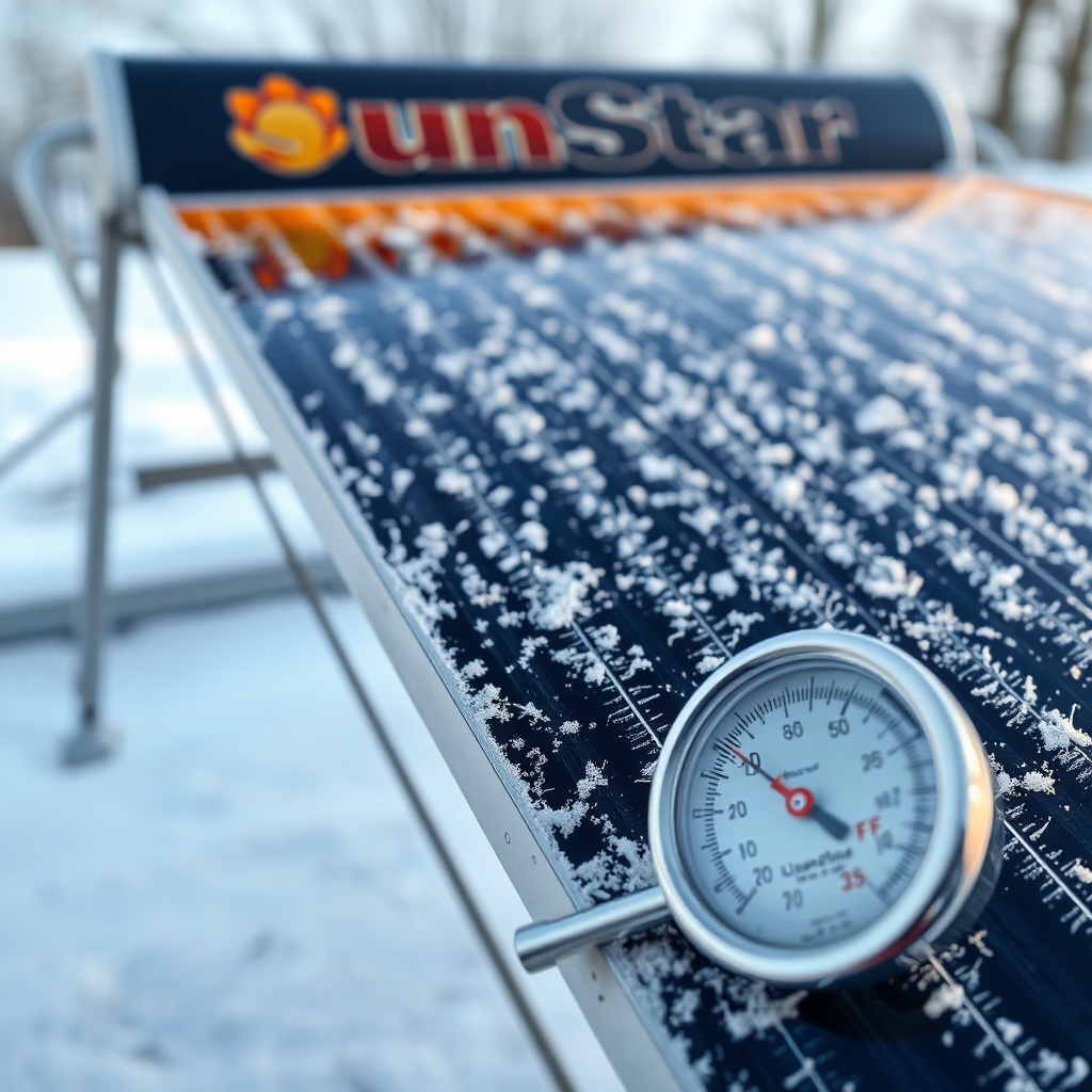 A photorealistic image of a SunStar solar pool heater collector panel showing early mornin