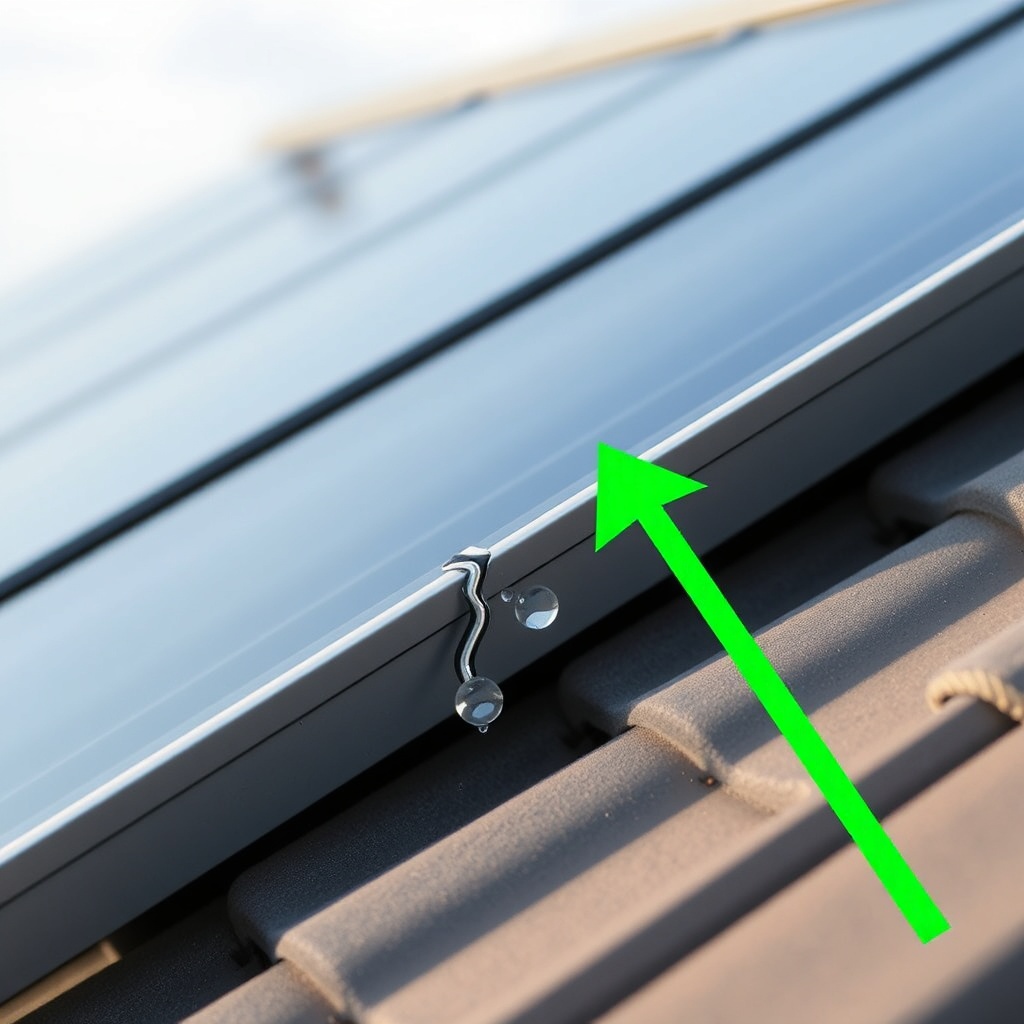 <A photorealistic photo showing a close-up of a Fafco Solar Bear collector panel on a roof