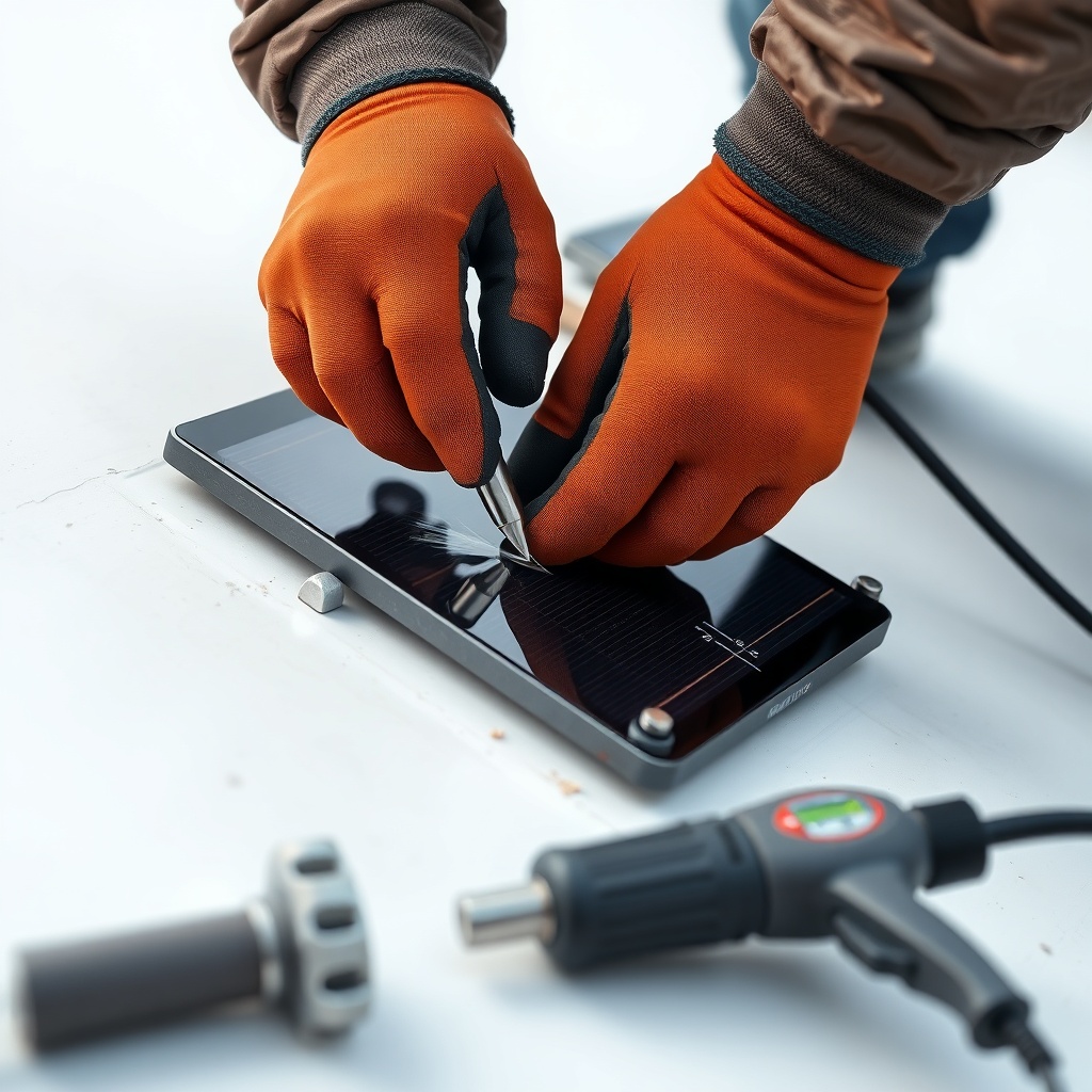 <A clean photorealistic photo showing a person wearing gloves applying epoxy to a small cr