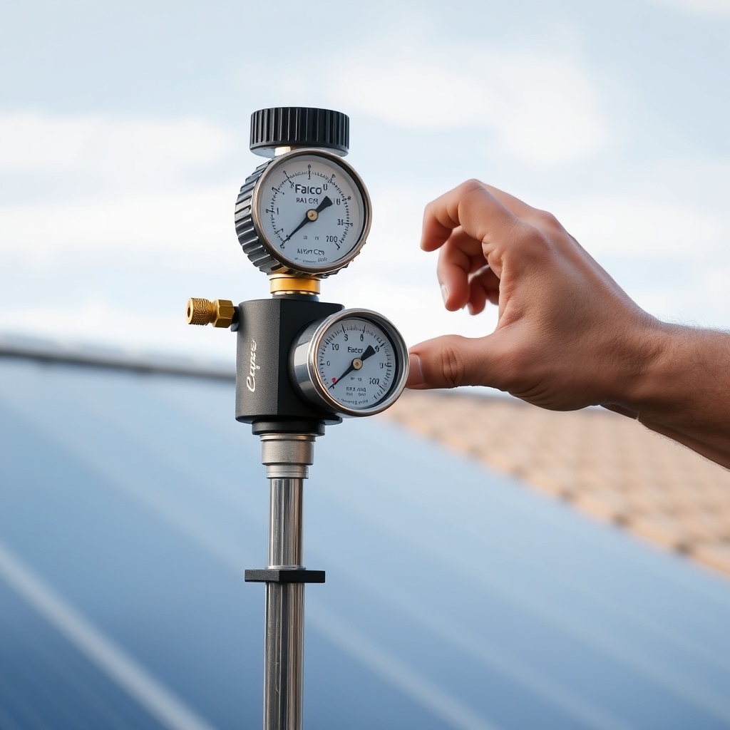 A photorealistic outdoor scene showing a homeowner attaching a pressure gauge to a Fafco S