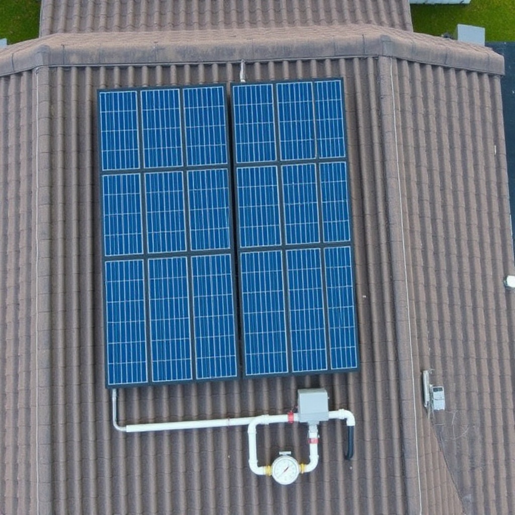 A photorealistic overhead shot of a Fafco Solar Bear panel array on a residential roof
