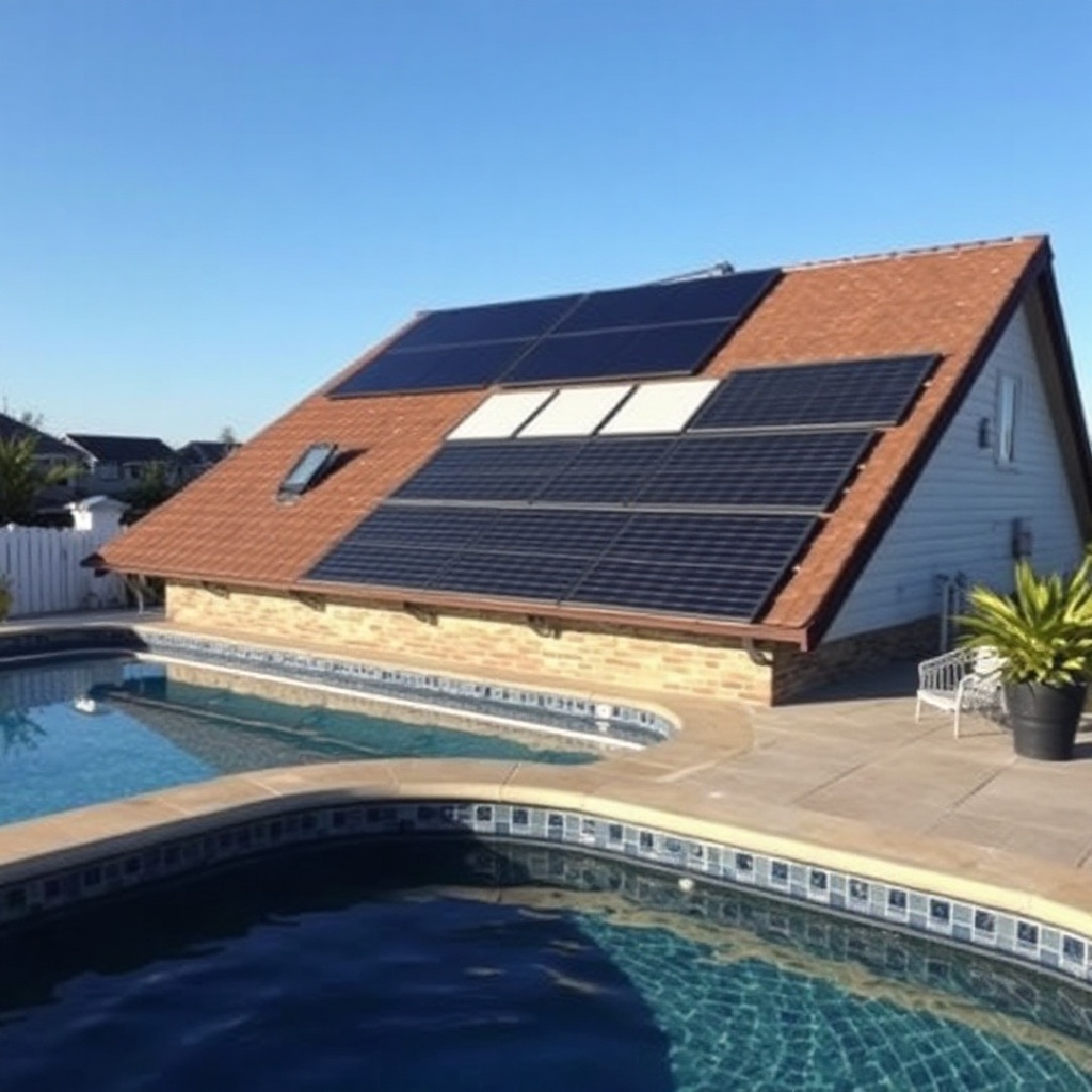 A photorealistic photo of a residential pool with a Fafco Solar Bear array on a sloped roo