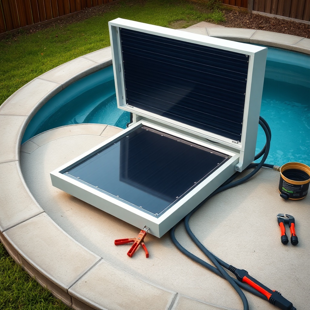 <clean photorealistic photo/illustration showing a solar pool heater collector with an ope