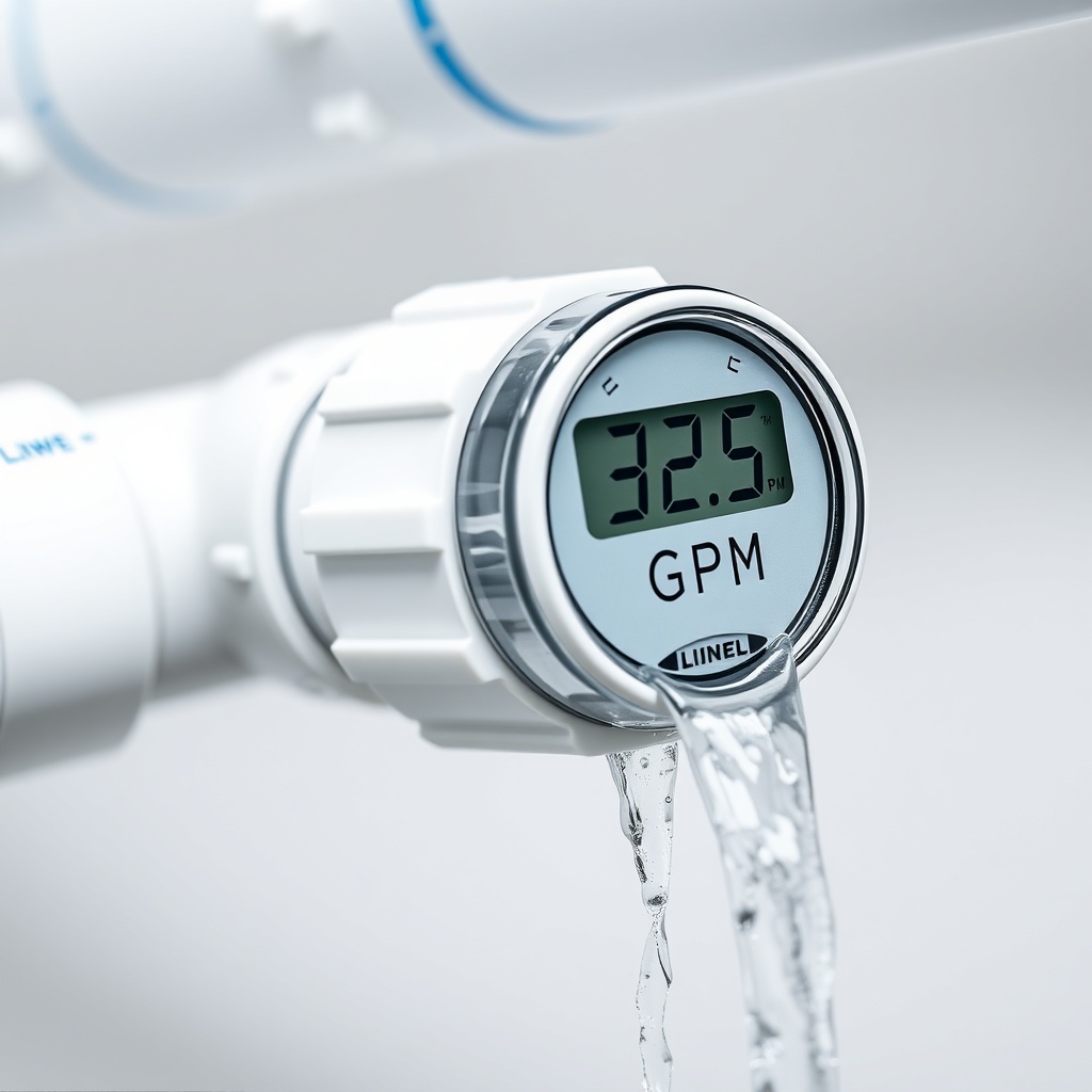 A photorealistic close-up of a clear PVC pipe section showing a digital flow meter install