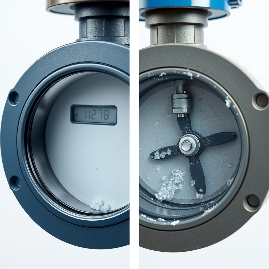 A photorealistic split-view showing a clean flow meter on the left and a clogged flow mete