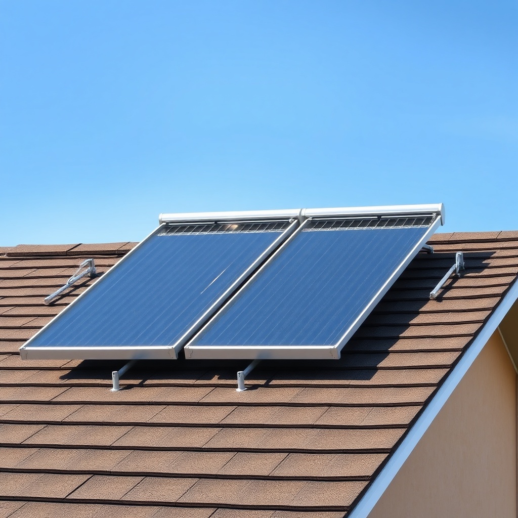 A clean photorealistic photo of a sloped residential roof with two rows of Generic solar p