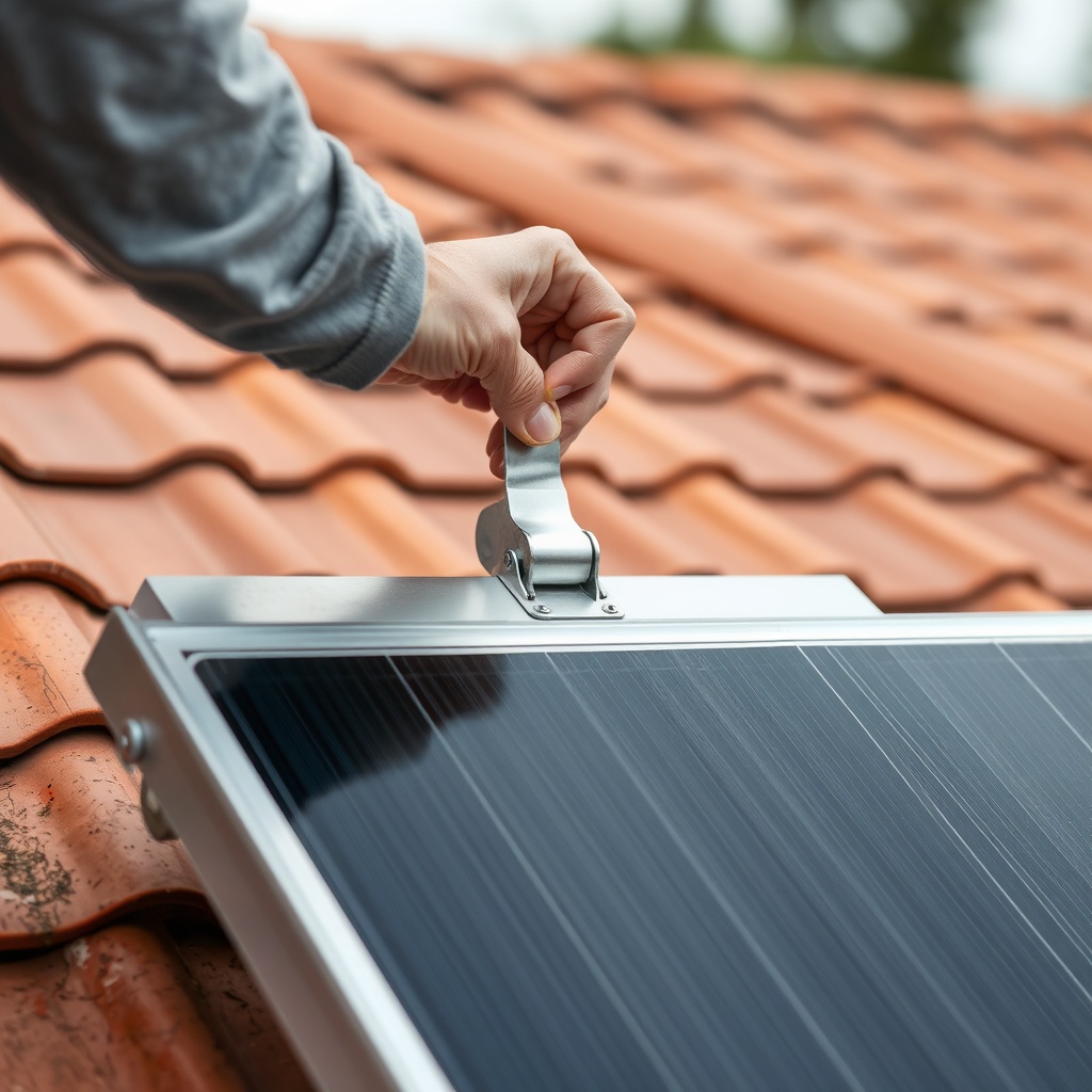 A clean photorealistic photo of a homeowner securely tightening a stainless steel roof cli