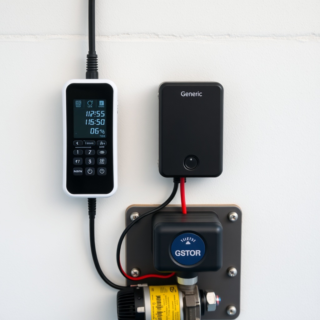 A photorealistic photo of a Generic wireless controller LCD remote mounted on a wall next