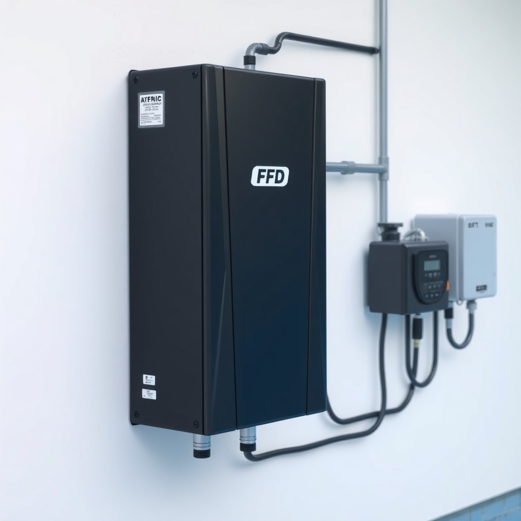 A photorealistic photo of a VFD unit mounted on a wall next to a pool pump
