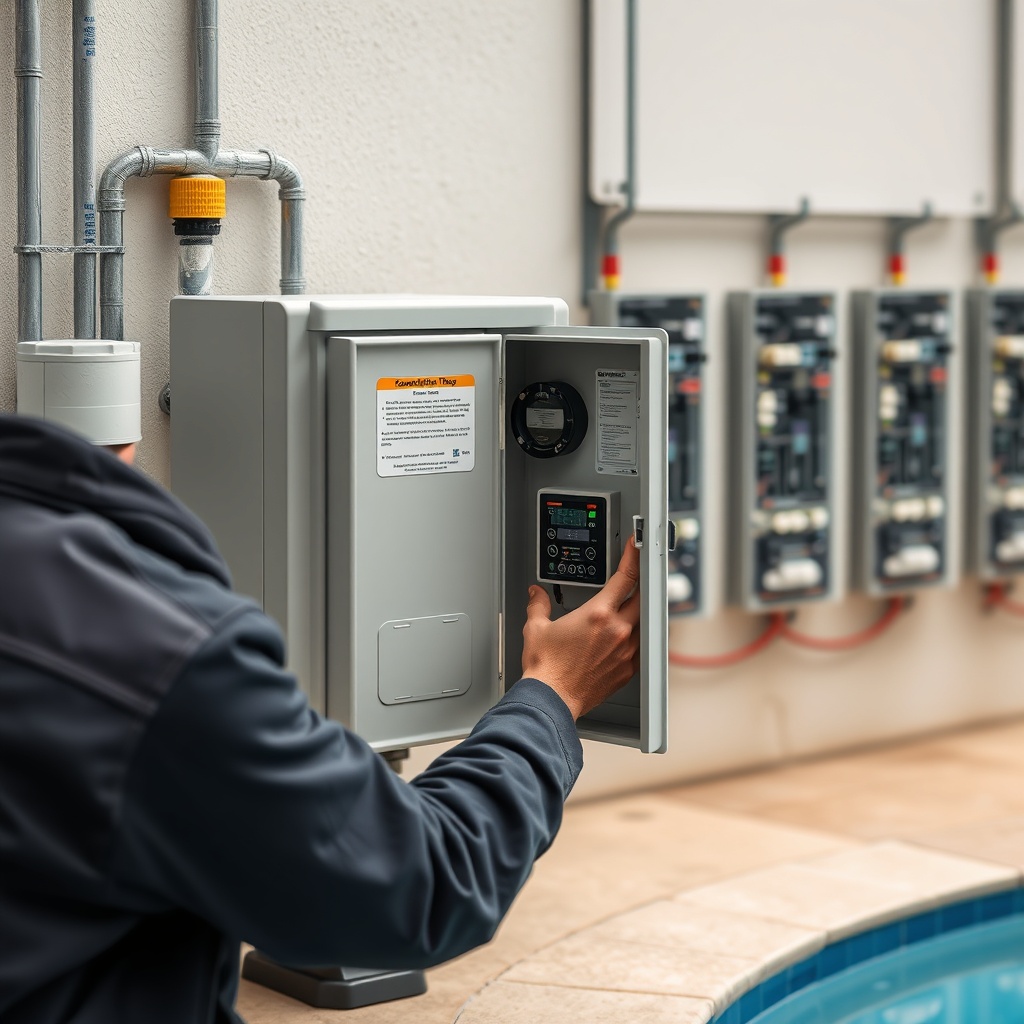 A photorealistic photo of an electrician installing a weatherproof VFD enclosure near a po