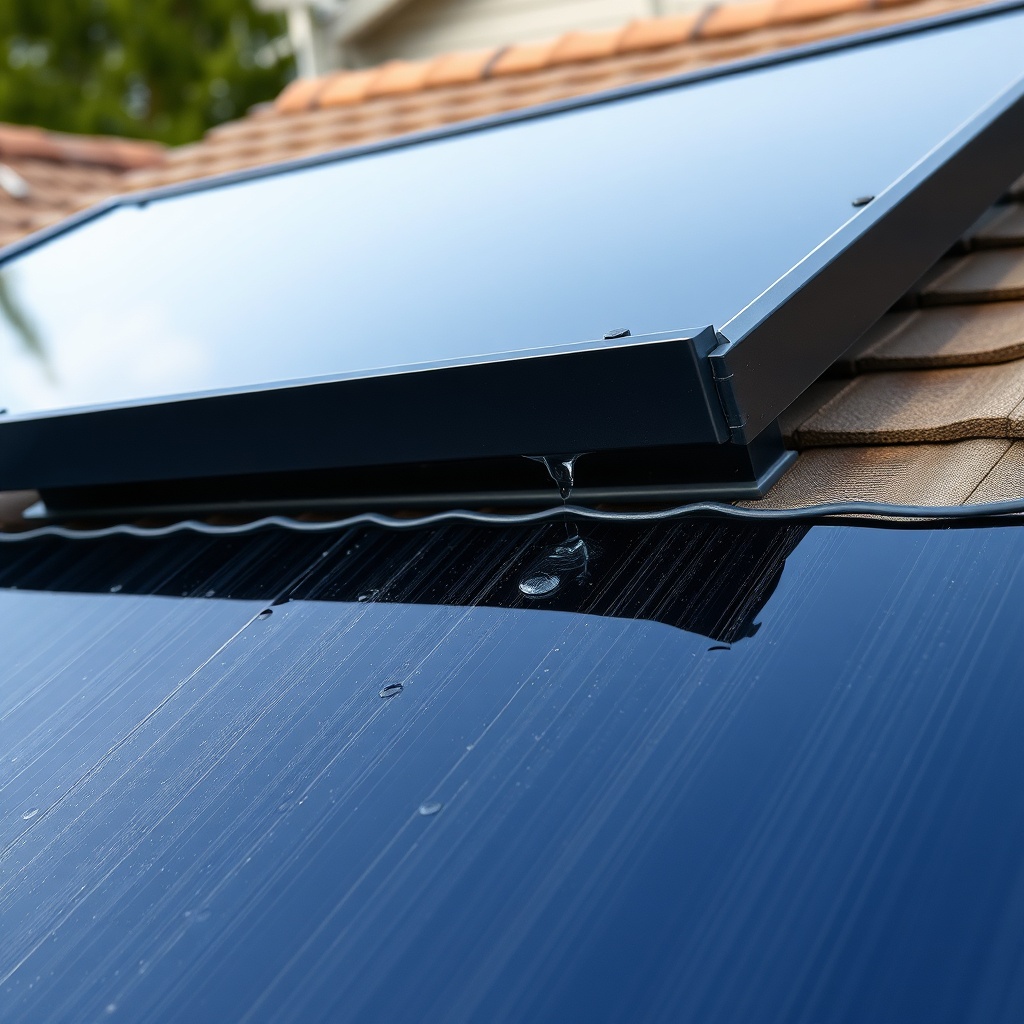 photorealistic photo of a Heliocol solar pool heater panel on a residential roof