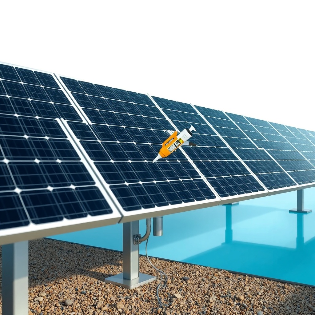 photorealistic photo of a pool solar panel array on a ground mount
