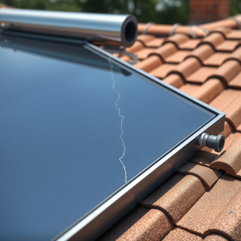 A photorealistic close-up of a Heliocol solar pool heater panel installed on a residential