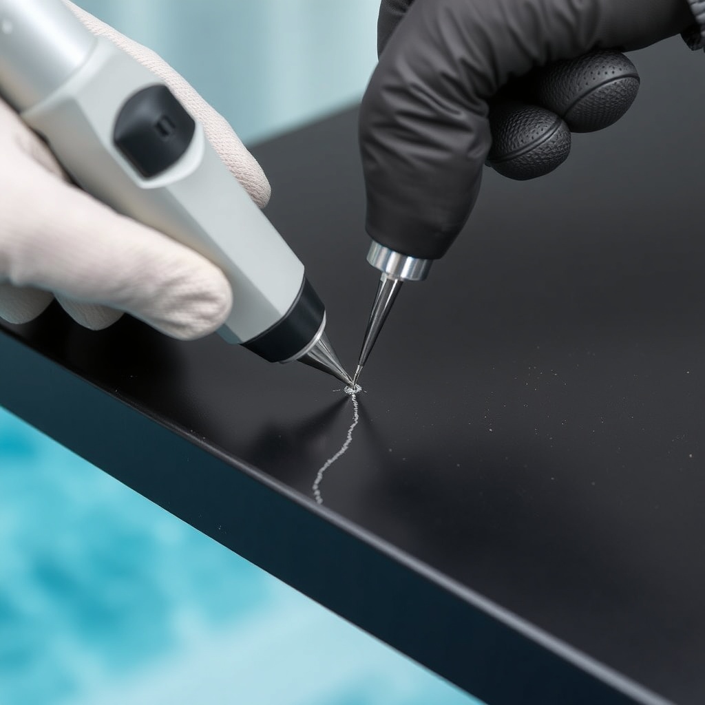 A photorealistic close-up of a gloved hand using a plastic welding gun to repair a hairlin