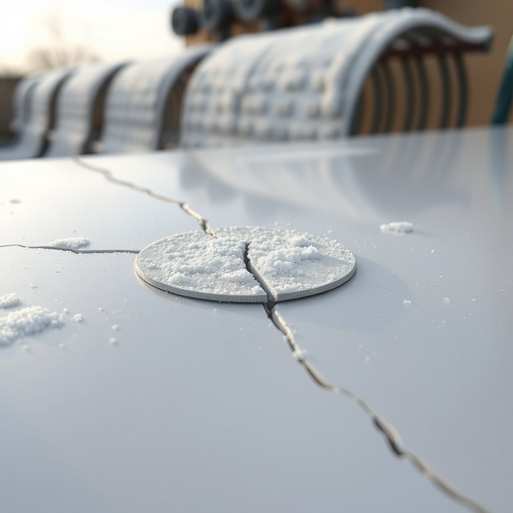 Close-up of a cracked Heliocol absorber plate with frost residue around the manifold area