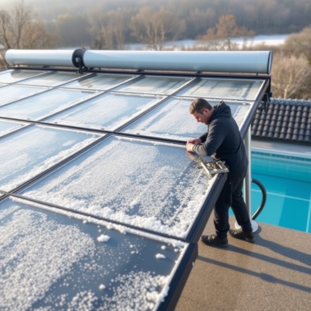 Wide shot of a Heliocol solar pool heater array on a roof with frost on the collectors