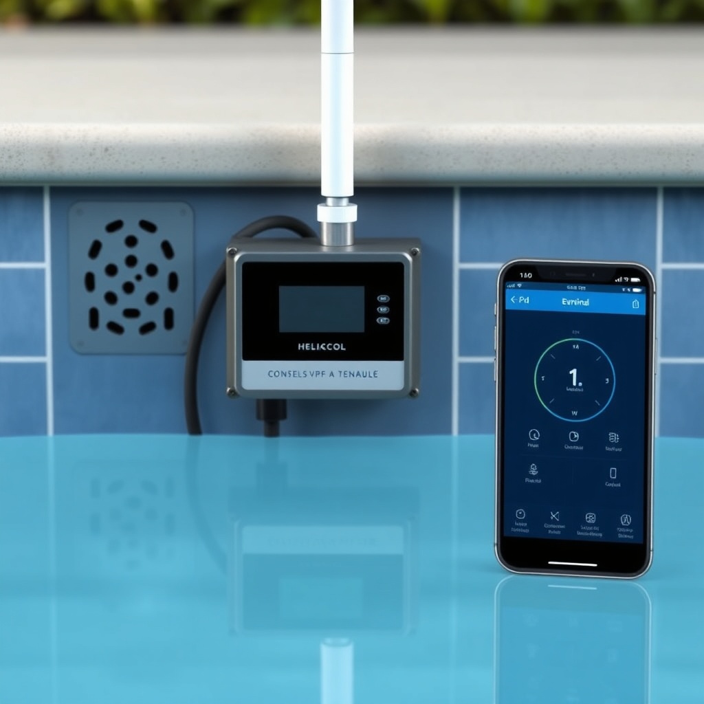A clean photorealistic photo of a modern pool equipment pad showing a Heliocol controller