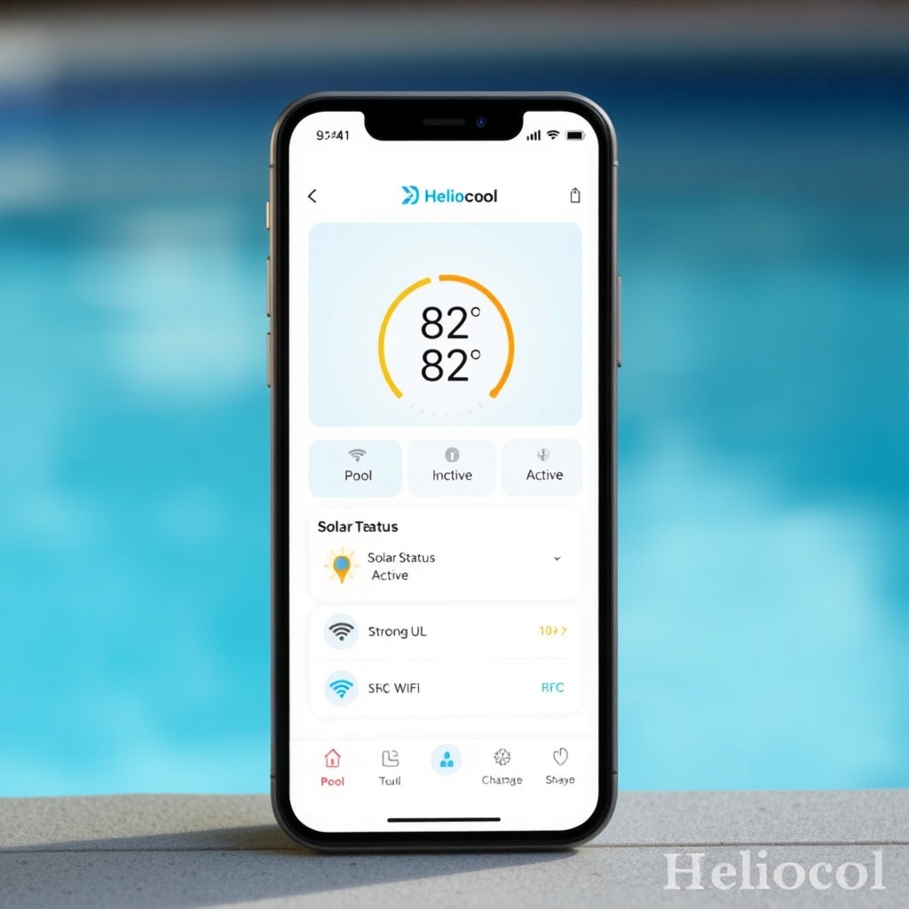 A clean photorealistic photo of a smartphone screen showing the Heliocol SmartPool app das