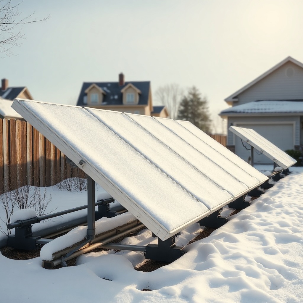 <clean photorealistic photo of a Heliocol ground mount array partially covered with snow