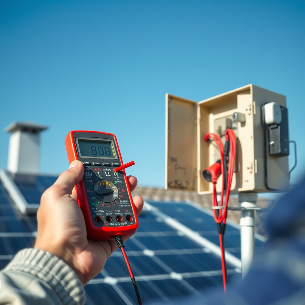 Close-up photorealistic photo of a homeowner holding a multimeter probes against a Helioco