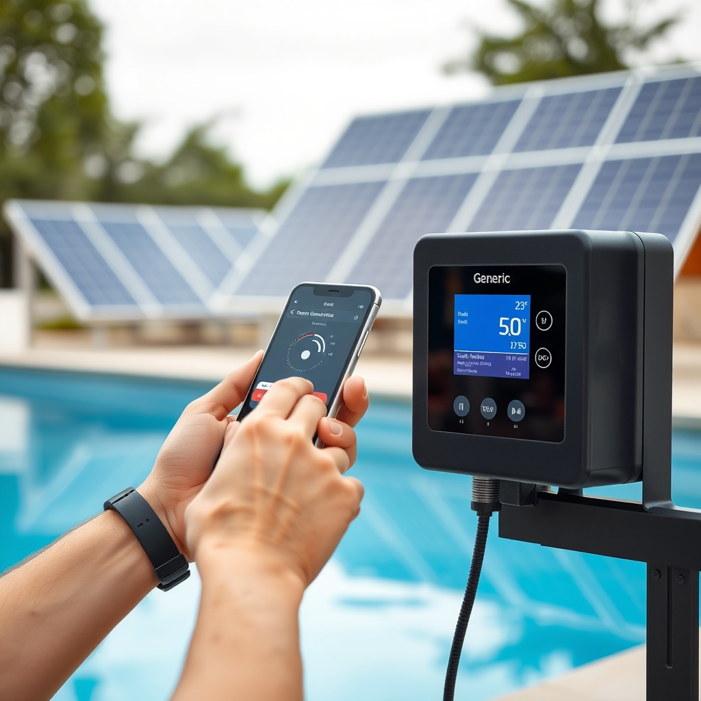 A photorealistic photo of a person adjusting pool temperature on a smartphone outdoors