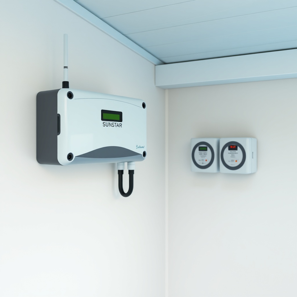 <A clean photorealistic photo of a modern pool pump shed with a SunStar controller mounted
