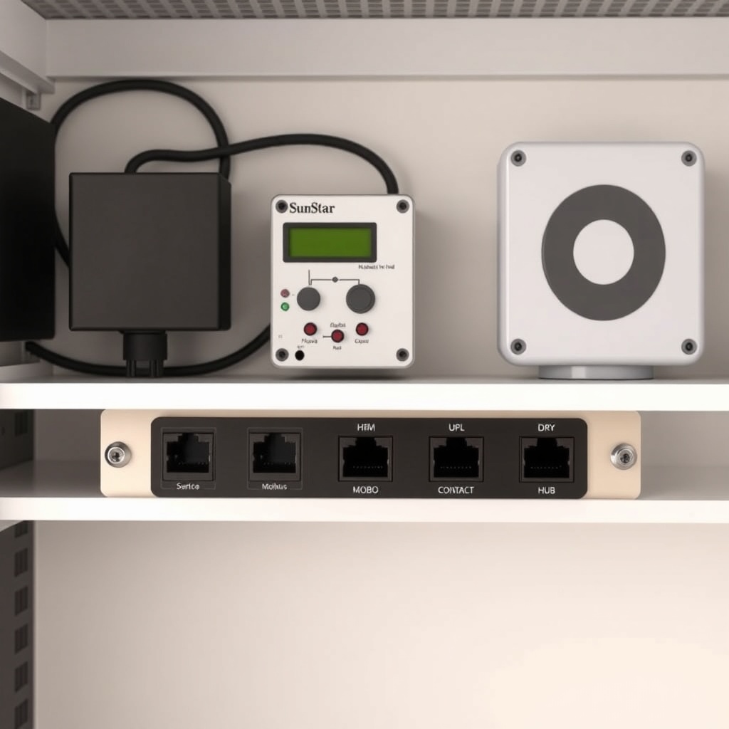 <A clean photorealistic photo of a SunStar controller mounted in a home control rack next