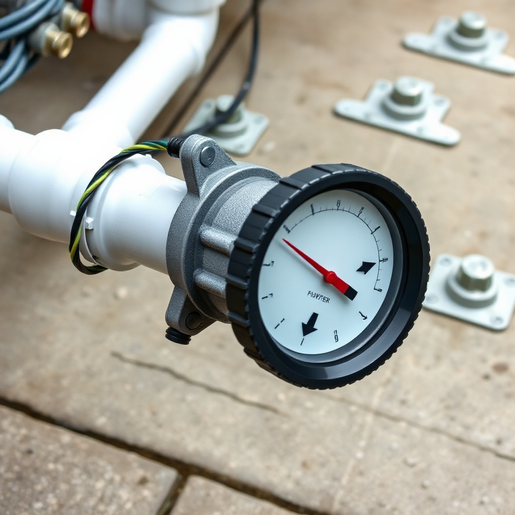 A photorealistic close-up photo of a PVC pipe section with a paddlewheel flow meter instal