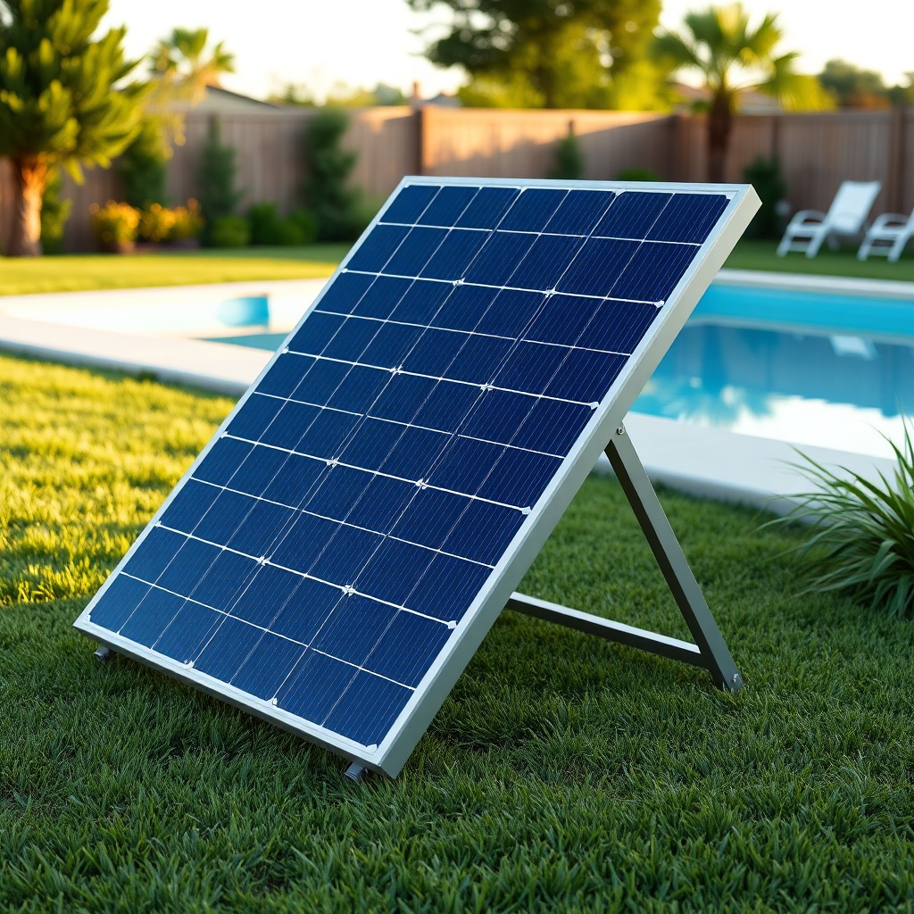 <photorealistic photo of a SunStar solar pool heater ground mount array tilted at a shallo