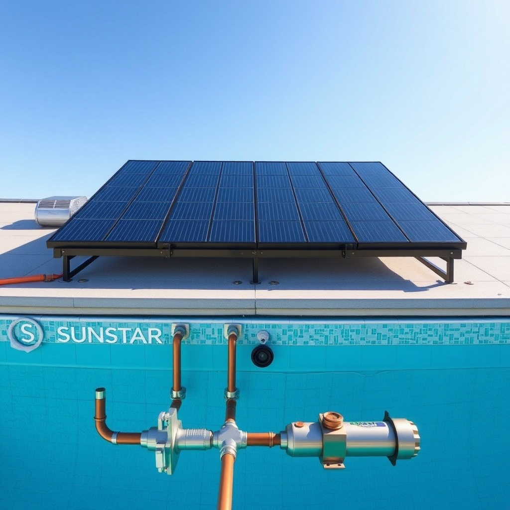 A photorealistic wide-angle shot of a SunStar solar glazed collector array mounted on a fl
