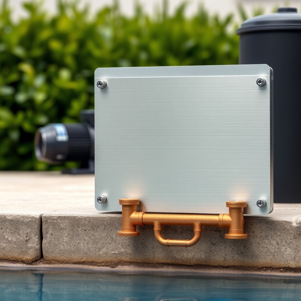 Photorealistic close-up of a titanium brazed plate heat exchanger connected to copper pipe
