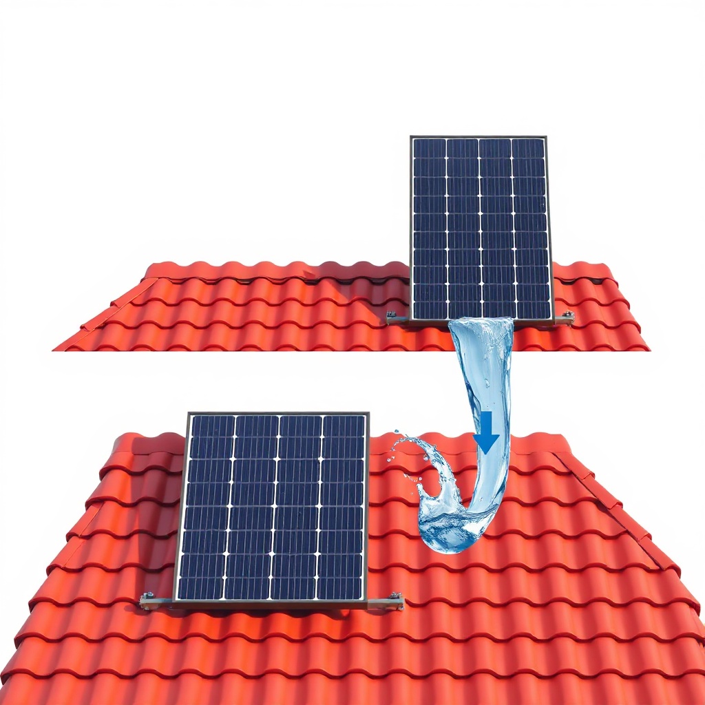 A photorealistic illustration of two SunStar solar panels on a red-tiled roof