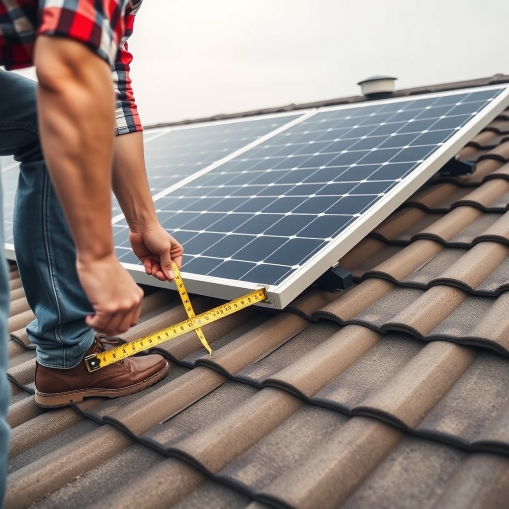 A clean photorealistic photo of a person measuring a SunStar solar panel array on a roof w